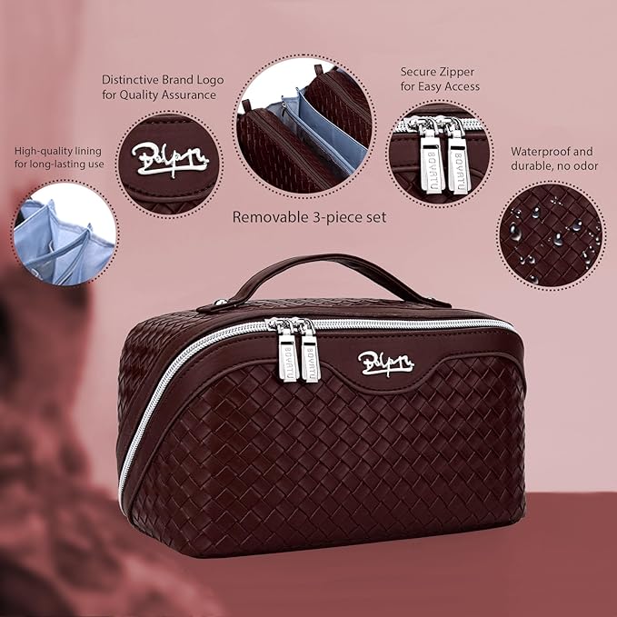BOYATU Travel Makeup Bags for Women: Large Cosmetic Bag with Compartments - Vegan Leather Make up Bag Set of 3 - Compact Toiletry Organizer for Traveling (L14 Wine red)