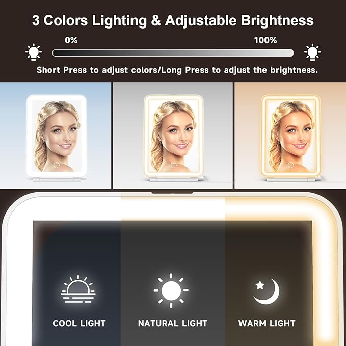 LED Foldable Travel Makeup Mirror - 5x7 inches 3 Colors Light Modes USB Rechargeable Touch Screen, Portable Tabletop Cosmetic Mirror for Travel, Cosmetic, Office (White)