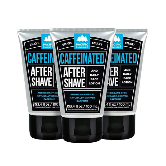Pacific Shaving Company Caffeinated Aftershave, Men's Grooming Product - Antioxidant Daily Face Lotion + After Shave - Soothing Aloe & Spearmint Post Shave Balm for Sensitive Skin (3.4 Fl Oz, 3 Pack)