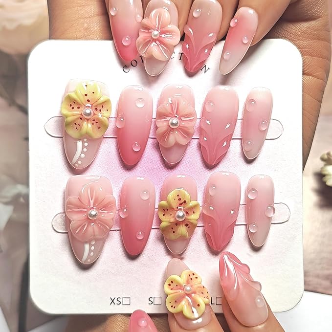 Handmade Acrylic Press On Nails Almond, Short Oval Press On Nails Pink, Ombre 3D Flower Nails For Women Gift, Reusable Stick On Fake Nails Kit With Nail Glue(3D Floral Blush-L)