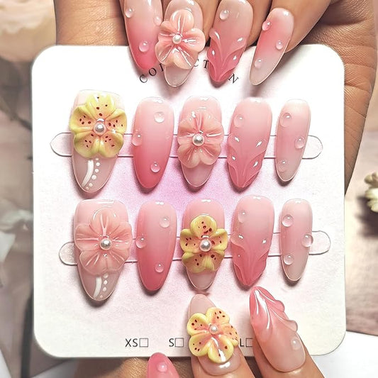 Handmade Acrylic Press On Nails Almond, Short Oval Press On Nails Pink, Ombre 3D Flower Nails For Women Gift, Reusable Stick On Fake Nails Kit With Nail Glue(3D Floral Blush-L)