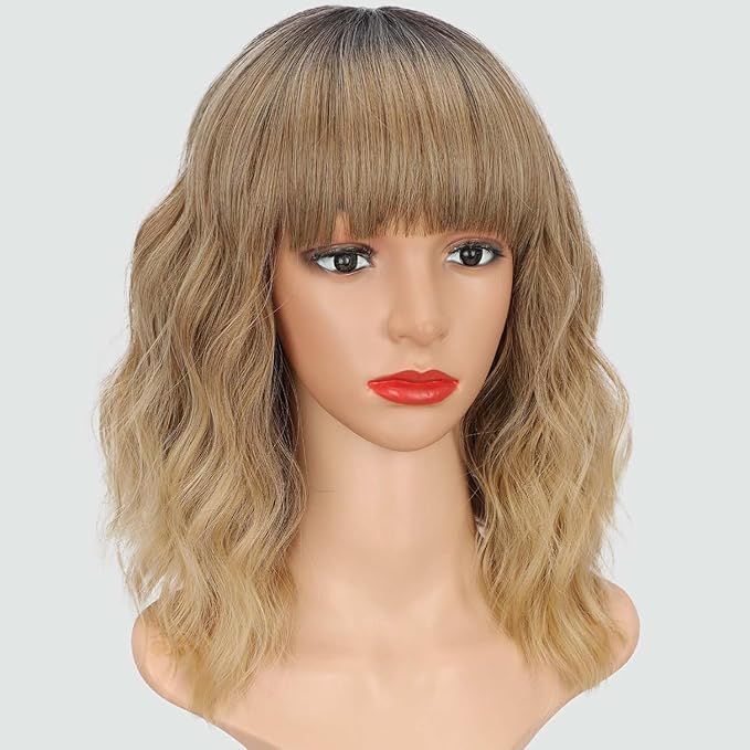 AISI HAIR Synthetic Wavy Curly Bob Wig with Bangs Ombre Blonde Mixed Short Hair for Women Synthetic Heat Resistant Bob Wigs