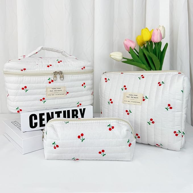 3Pcs Cotton Quilted Makeup Bag for Women Girls, Large Floral Cosmetic Bag Set Cute Makeup Brushes Aesthetic Accessories Storage Bag Cherry Travel Toiletry Bag Organizer