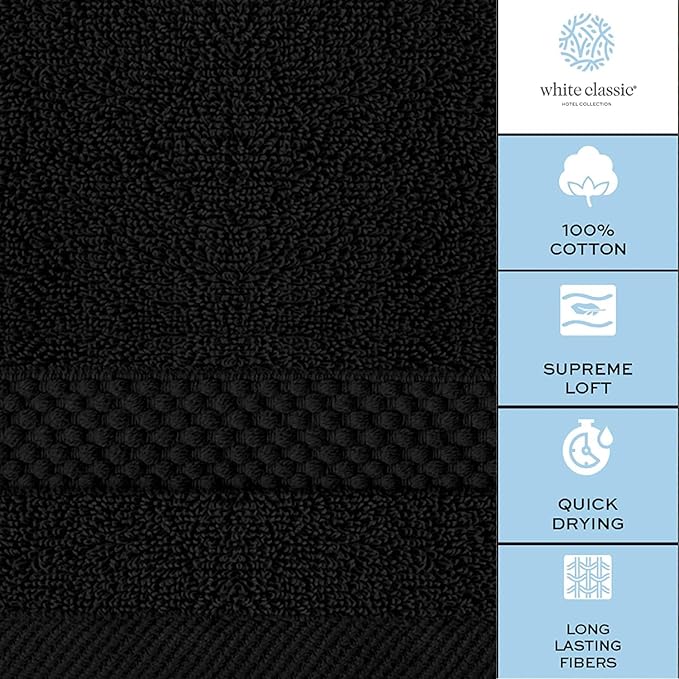 White Classic Luxury Cotton Washcloths Set 12 Pack - Hotel Quality Cleansing Face Towels Set, Black Small Bathroom Hand Towels | 12 Pack | Black