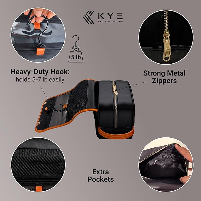 Leather Hanging Travel Toiletry Bag for Men with Removable Cover and Hanging Hook - Dopp Kit for men - Makeup Bag Organizer for Women for all your Travel Essentials