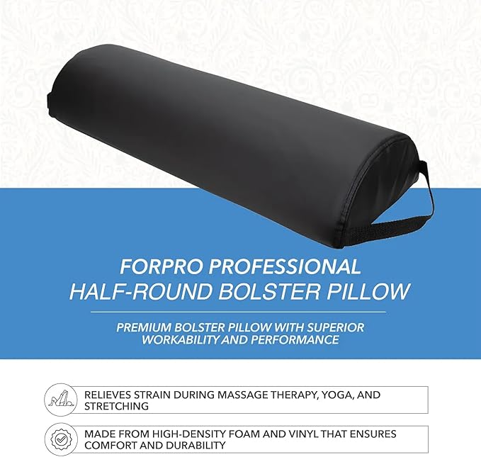 ForPro Premium Jumbo Half-Round Bolster Pillow for Massage and Yoga, Oil and Stain-Resistant, 9”W x 4.5" H x 26”L, Black