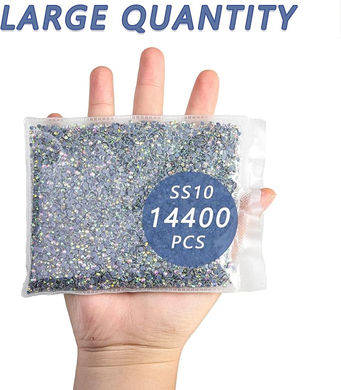 Beadsland Hotfix Rhinestones Bulk, 14400PCS Crystal Hot Fix Rhinestones for Crafts Clothes DIY Decoration, Crystal AB, SS10, 2.7-2.9mm