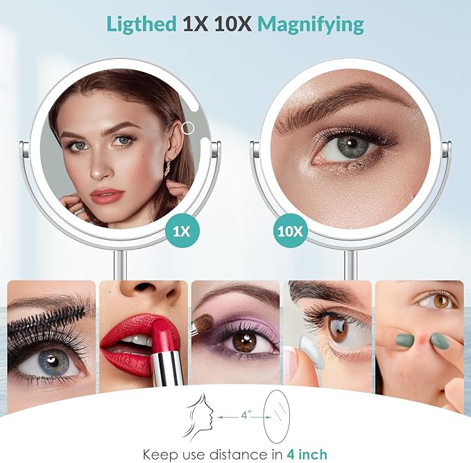 Lighted Magnifying Mirror 10X 1X Magnification, Double Sided Makeup Mirror, Rechargeable LED Beauty Mirror with 3 Color Setting, Adjustable Height Vanity Desk Mirror (Silver)
