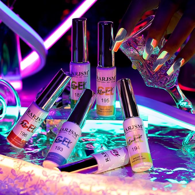 RARJSM Glow In The Dark Gel Liner Art Set - Luminous Painting Gel For Neon Nail Art - Hot Pink, Yellow, Green, Blue, Orange Colors - Christmas Kit