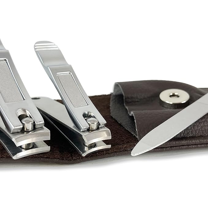 Nail Clippers by Zizzili Basics - 3 Piece Nail Clipper Set - Stainless Steel Fingernail & Toenail Clippers with Nail File and Brown Travel Case - Best Nail Care for Men, Women, Manicure & Pedicure