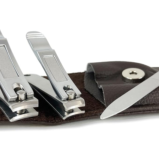 Nail Clippers by Zizzili Basics - 3 Piece Nail Clipper Set - Stainless Steel Fingernail & Toenail Clippers with Nail File and Brown Travel Case - Best Nail Care for Men, Women, Manicure & Pedicure