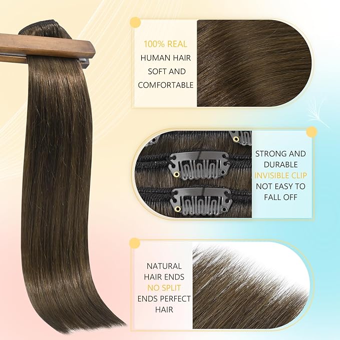 Medium Brown Hair Extensions Real Human Hair 12 Inch 75g Hair Extensions Clip ins for Women Remy Straight Hair for Full Head Soft Silky Straight Hair