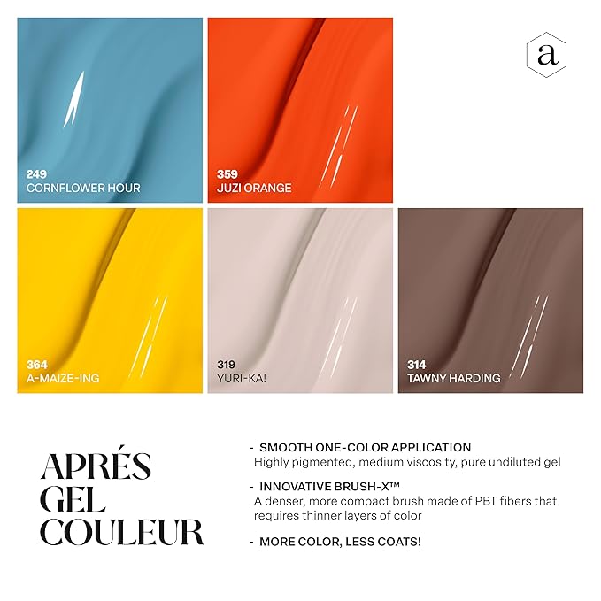 Apres Gel Couleur Combo Set, 5 Color Gel Nail Polish, Bright Nude Pastel Colors with Brush-X Nail Art Brush, 2024 Edition (Set 12)
