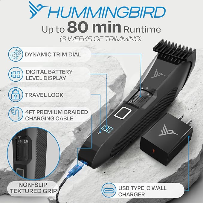 HUMMINGBIRD MK14 BeardMaster – Premium Beard Trimmer for Men, Precision Dial, Adjustable 20 Length Settings, Stainless Steel T-Blade, Cordless USB-C Rechargeable, Waterproof, LED Display, Travel Case