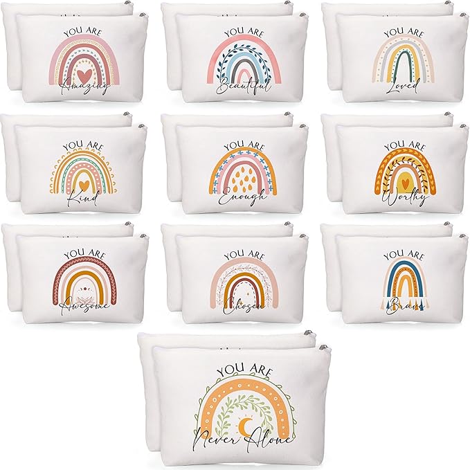 Coume 20 Pcs Inspirational Rainbow Canvas Makeup Bags Bulk Appreciation Quotes Cosmetic Bags Zipper Personalized Encouragement Travel Pouch Toiletry Bag for Women Teacher Nurse Friend(Rainbow)