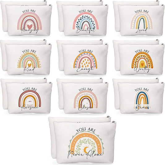 Coume 20 Pcs Inspirational Rainbow Canvas Makeup Bags Bulk Appreciation Quotes Cosmetic Bags Zipper Personalized Encouragement Travel Pouch Toiletry Bag for Women Teacher Nurse Friend(Rainbow)
