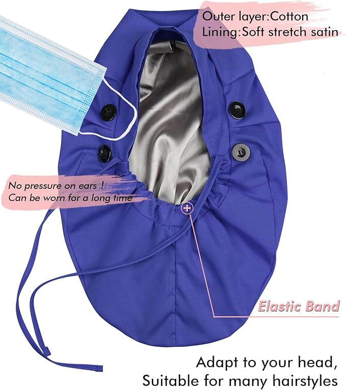 Satin Lined Work Cap with Button for Long Hair Women