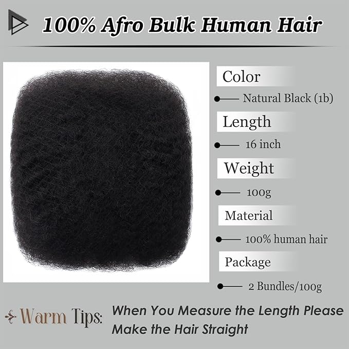 Afro Kinkys Bulk Human Hair 100g 16 Inch Nature Black Afro Kinky Curly Human Hair Bulk for Dreadlock Extensions, Micro Locs, Braiding Twists, Braids and Repair Locs(16 Inch, 1b#)