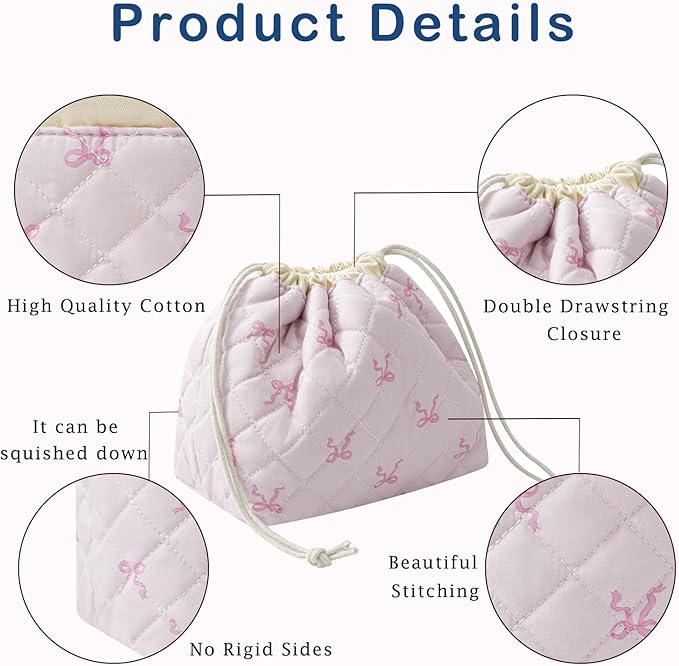 Cotton Quilted Drawstring Makeup Bag with Canvas Lining,Coquette Aesthetic Cute Travel Toiletry Bag,Drawstring Gift Bag for Women and Girls（13Small Pink Bow）