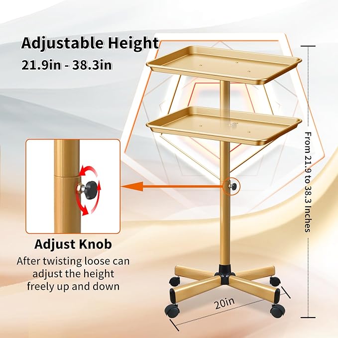 Salon Tray on Wheels, Gold Salon Tray Cart with Adjustable Height, Metal Service Instrument Storage Tray for Salon&Home Use