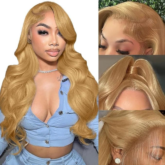 Azkiu Honey Blonde Lace Front Wigs Human Hair 13x4 Body Wave 27# HD Transparent Lace Front Wig Human Hair Pre Plucked with Baby Hair 150% Density Brazilian Virgin Lace Frontal Wigs 26Inch