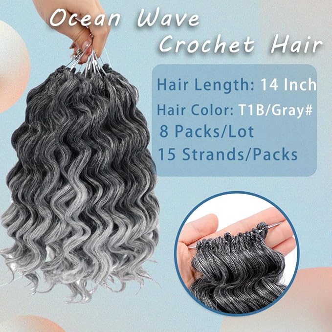8 Packs Ocean Wave Crochet Hair Water Wave Crochet Braids for Women 14 Inch Short Curly Crochet Hair Beach Curl Deep Twist Crochet Braids Synthetic Braiding Hair Extensions (14 Inch, T1B/Gray#)