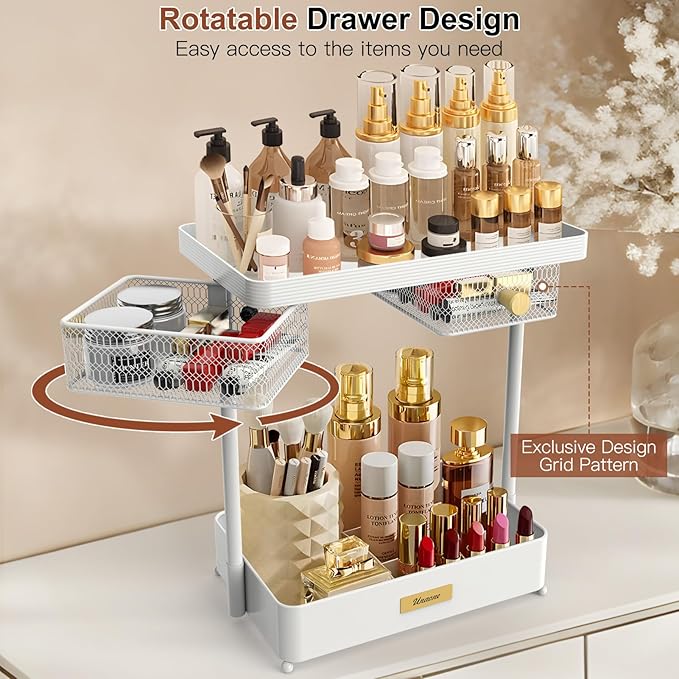 Unaone Makeup Organizer Countertop - 2 Tier Skincare Organizer with 2 Rotating Drawers, Versatile Cosmetic Display Cases Perfume Organizer for Vanity Bathroom Countertop, Ideal Gifts for Women (White)