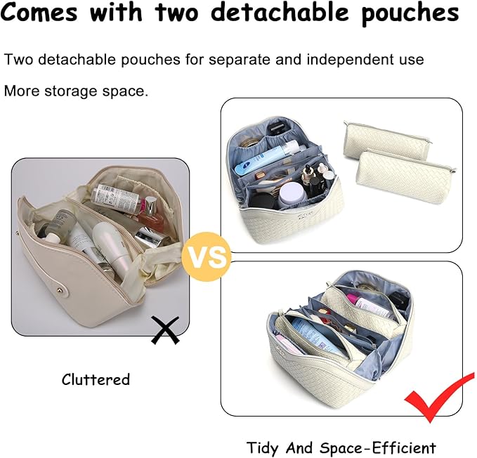 BOYATU Travel Makeup Bags for Women: Large Cosmetic Bag - Vegan Leather Make up Bags Set of 3 - Protable Toiletry Bag Compact Organizer with Compartments (L12 Beige)