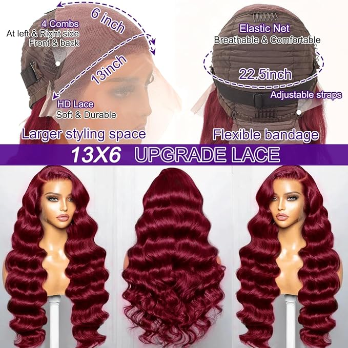 99J Burgundy Lace Front Wigs Human Hair Pre Plucked 13x6 Body Wave HD Transparent Lace Frontal Glueless Wigs Human Hair Red Wigs For Black Women Natural Hairline with Baby Hair 24 Inch