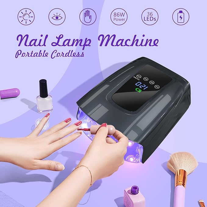 Cordless UV LED Nail Lamp, 86W Gel Nail Lamp Rechargeable Professional Nail Dryer Gel Polish UV Lights for Nails with 4 Timer Setting LCD Display Curing Lamp for Salon & Home (86W Black)