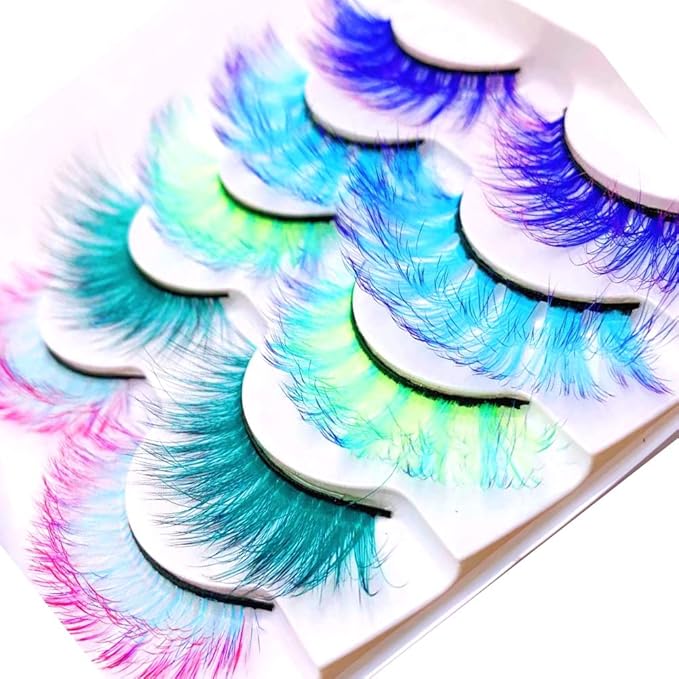 Sunniess Ombre Colored Lashes Silk Protein Fluffy Wispy Volume Fake Lashes for Halloweens Cosplay Party Stage Russian D Curl Lashes with Color Make up Faux Mink False Eyelashes 5 Pairs