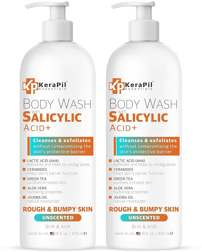Salicylic Acid Body Wash - Skin Non-drying, Gentle Exfoliates Rough and Bumpy Skin, Body Acne Wash, BHA & AHA - Unscented Exfoliating Body Wash, Made in USA - (16 fl oz x 2)