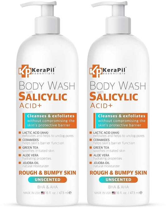 Salicylic Acid Body Wash - Skin Non-drying, Gentle Exfoliates Rough and Bumpy Skin, Body Acne Wash, BHA & AHA - Unscented Exfoliating Body Wash, Made in USA - (16 fl oz x 2)