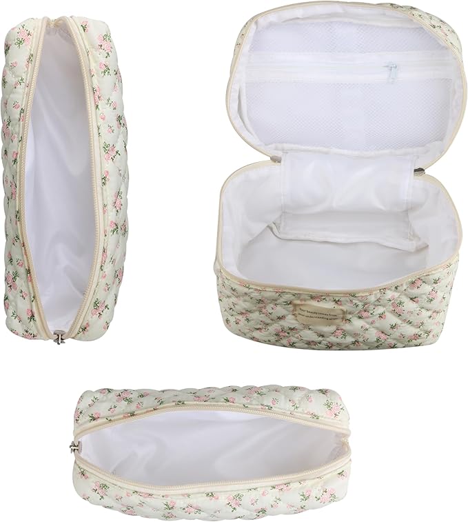 Dual Layer Cute Makeup Bag for Women(3 Pcs), Quilted Floral Coquette Aesthetic Make up Bags, Travel Cosmetic Bags Toiletry Organizer Bag(Pink Rose)