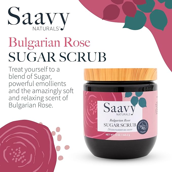 Saavy Naturals Bulgarian Rose Sugar Scrub Pack, Relaxing Rose Scented Body Sugar Scrub Exfoliator, Vegan Organic Body Scrub with Vitamin E, and More, Luxe Rose Scrub Gift Set-2 PACK