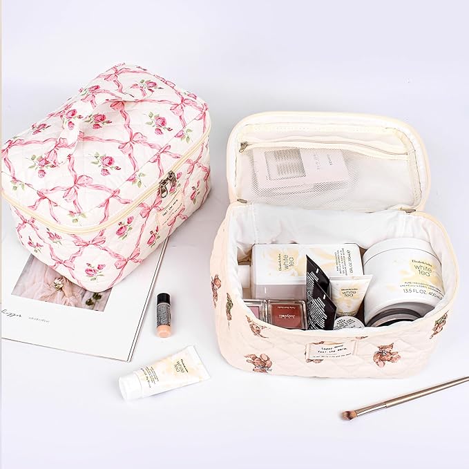 Quilted Makeup Bag,Large Cosmetics Bag Set,Coquette Floral Make up Pouch,Travel Toiletry Bag for Women