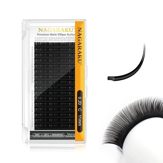 NAGARAKU Double Tips Ellipse Eyelash Extensions Lighter Thinner Flat Split Tips Individual Lash 0.20mm C curl 11mm Matte Black Faux Mink Classic False Lash Supplies 16 Rows