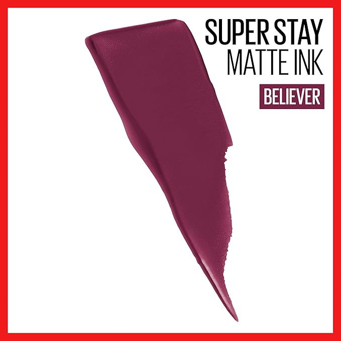 Maybelline Super Stay Matte Ink Liquid Lipstick Makeup, Long Lasting High Impact Color, Up to 16H Wear, Believer, Deep Plum, 1 Count, Packaging May Vary