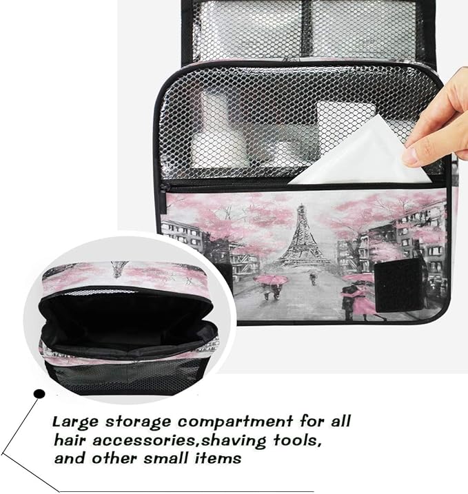 Hanging Toiletry Bag Eiffel Tower Paris Lovers Street Portable Travel Cosmetic Makeup Bag Bathroom Shower Shaving Kit Organizer Bag for Men Women