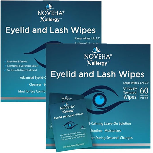 NOVEHA 120Pcs Allergy Relief Eyelid Wipes | Pre-moistened Hypoallergenic Eye Cleansing Pads, Reduce Itchiness, Redness & Discomfort Caused By Allergy, Clean, Soothe & Remove Debris (2 Pack)