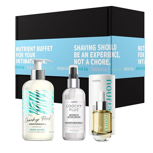 IntiMD Coochy Plus HydroLock Moisturizing + 3-Steps Kit Intimate Shave Gift Set: Nouria Pre-Shave Elixir Oil + Coochy Plus Shave Cream Coco Allure + Coochy Plus After Shave Protection Mist
