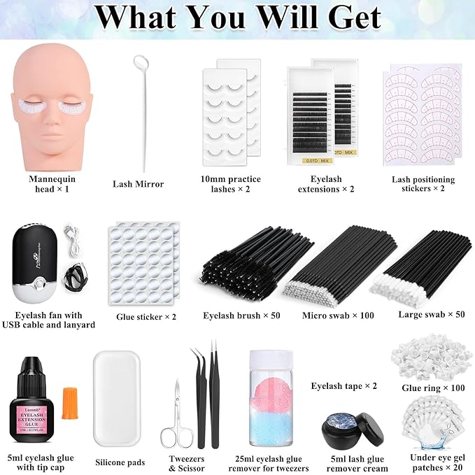 EyeLash Extension Kit for Beginners, Professional Lash EyeLash Extension Practice Kit with Everything, Mannequin Head, Eye Lashes Glue, Lash Kit for Eyelash Extensions Beginners Training