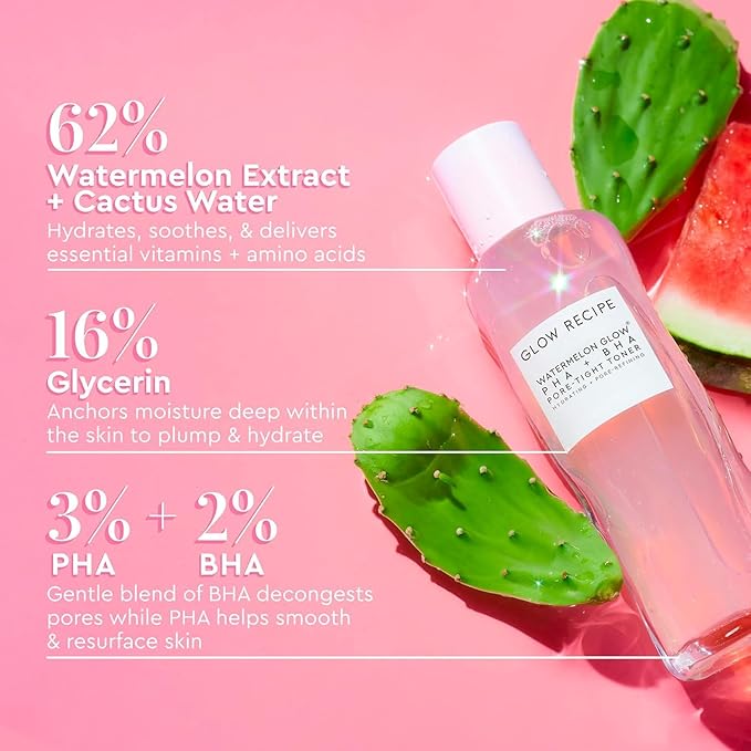 Glow Recipe Watermelon Glow Icons Skin Care Gift Set - Niacinamide Dew Drops Face Serum (40ml) + PHA + BHA Pore Minimizing Toner with Hyaluronic Acid (150ml) + Pink Juice Facial Moisturizer (25ml)
