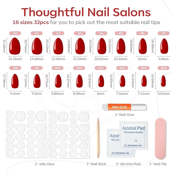 Modelones Press on Nails Almond, Red Short Almond Fake Nails, Spring Easter Nail Kit with Nail Glue Adhesive Tabs Mini Nail File, Nails Press Ons 32 Pcs16 Sizes, Women Girl Gift