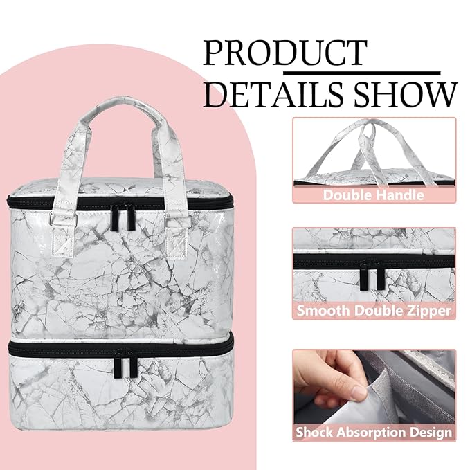 Nail Polish Organizer Case Holds 42+ Bottles(15ml/0.5 fl.oz) & Nail Lamp, Double-Layer Nail Polish Storage Organizer Case with Handle, Nail Kit Organizer and Storage Box for Nail Tech (WHITE)