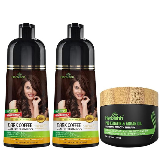 Herbishh Dark COffee 3 in 1 Hair Dye Shampoo (Pack of 2)16.9 FL Oz Each and Pro Keratin Argan Oil Hair Mask 5.07 Fl Oz Combo for Dry Damaged Hair 150 ML - Long Lasting Grey Hair Color for Men & Women