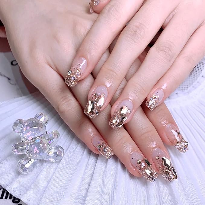 3100Pcs Flat Back Rhinestones for Nails, HOINCO Champagne Rhinestones for Nails, Mix 20 Styles Flatback Rhinestone/Gems, 600 Diamonds + 2500 Round Rhinestones Beads for Crafts with Tweezers Pen