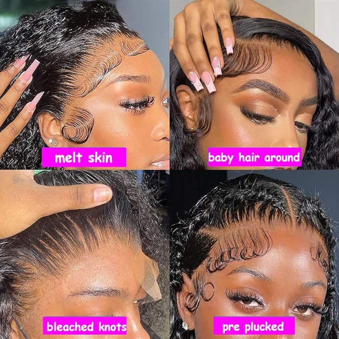 Aomllute 34 Inch Lace Front Wig Human Hair Pre Plucked 200 Density 13x4 HD Deep Wave Lace Frontal Wigs Human Hair with Baby Hair Curly Human Hair Wigs for Women Natural Black