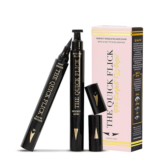 The Quick Flick Winged Eyeliner Stamp - Waterproof & Smudge Proof Vegan Cat Eye - 4mm Thick Wing & 10mm To the Point Felt-Tip Hypoallergenic Pen (Intense Black-2 Pen)