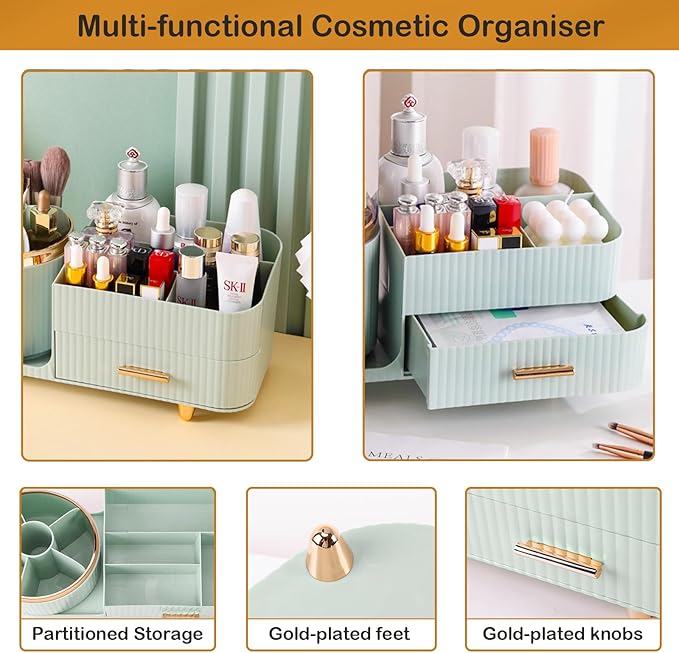 Rotating Makeup Organizer for Vanity with Brush Holder and Drawer, Cosmetic Makeup Storage, Large Spinning Makeup Skincare Organizer, Countertop Makeup Perfume Organizer, Lotions Display Case (Green)